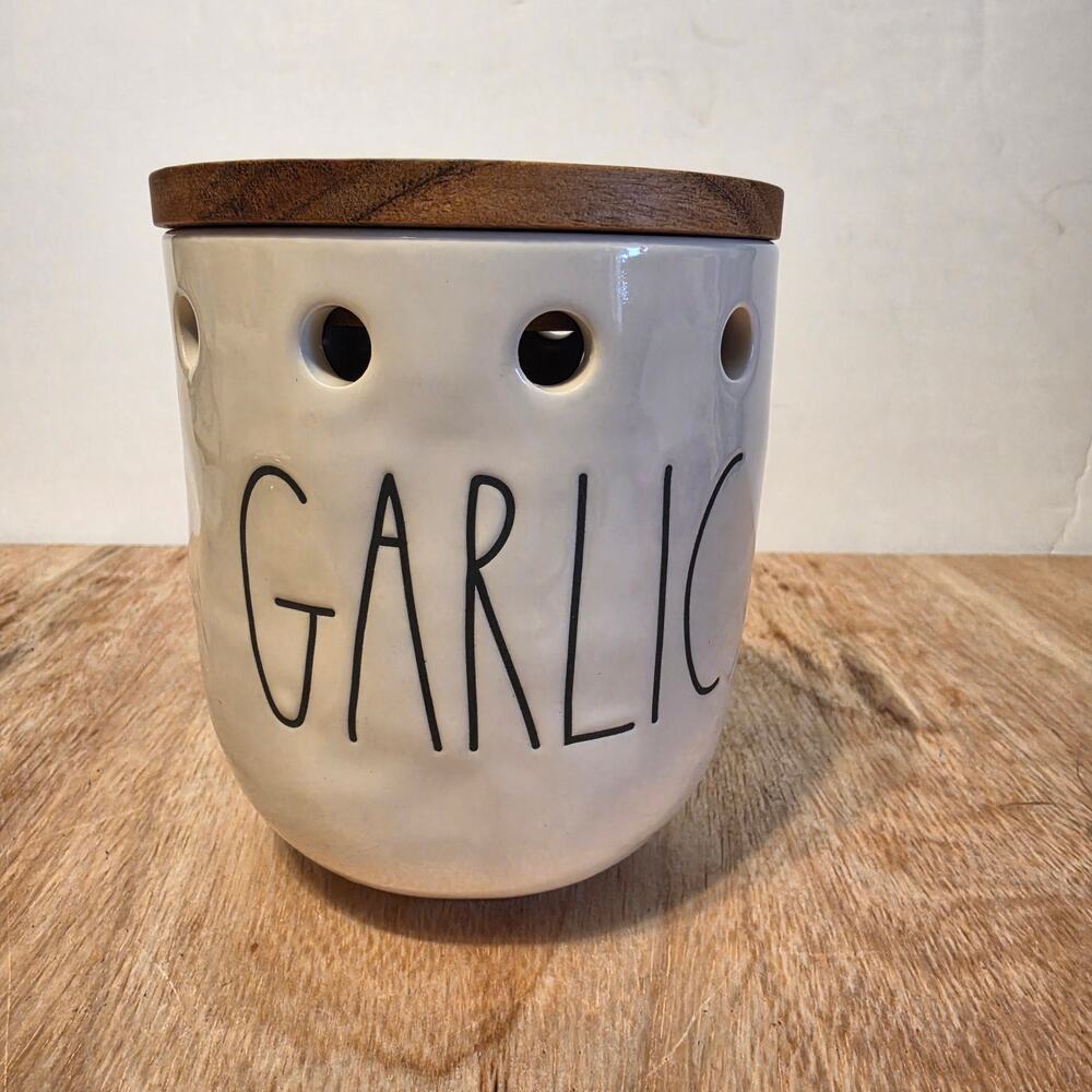 Rae Ddunn Ceramic Garlic Keeper with wooden lid 4.5" tall, 4" diameter